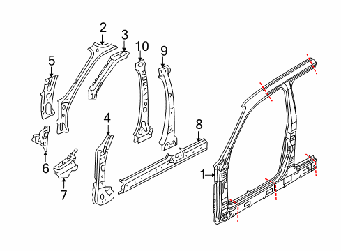 2010 Mercury Mariner Aperture Panel, Center Pillar & Rocker, Hinge Pillar Diagram