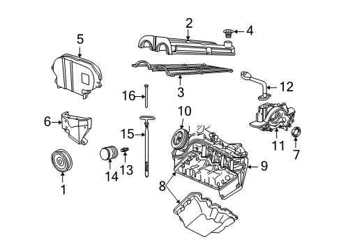 2002 Ford Escape Engine Parts, Mounts, Cylinder Head & Valves, Camshaft & Timing, Oil Cooler, Oil Pan, Oil Pump, Crankshaft & Bearings, Pistons, Rings & Bearings Diagram