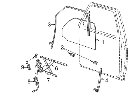 2001 Ford Explorer Front Door - Glass & Hardware Diagram