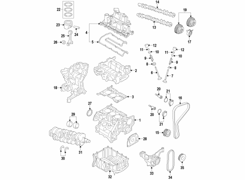 2015 Ford Fiesta Engine Parts, Mounts, Cylinder Head & Valves, Camshaft & Timing, Variable Valve Timing, Oil Cooler, Oil Pan, Oil Pump, Crankshaft & Bearings, Pistons, Rings & Bearings Diagram