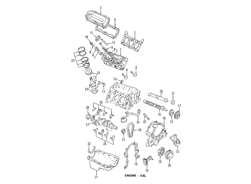 1997 Ford Windstar Engine Parts, Mounts, Cylinder Head & Valves, Camshaft & Timing, Oil Pan, Oil Pump, Balance Shafts, Crankshaft & Bearings, Pistons, Rings & Bearings Diagram