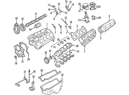 2001 Ford Explorer Engine Parts, Mounts, Cylinder Head & Valves, Camshaft & Timing, Oil Cooler, Oil Pan, Oil Pump, Balance Shafts, Crankshaft & Bearings, Pistons, Rings & Bearings Diagram