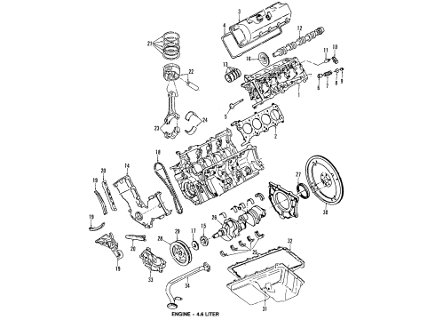 2003 Lincoln Town Car Engine Parts, Mounts, Cylinder Head & Valves, Camshaft & Timing, Oil Pan, Oil Pump, Crankshaft & Bearings, Pistons, Rings & Bearings Diagram