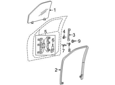 2002 Ford Explorer Front Door - Glass & Hardware Diagram