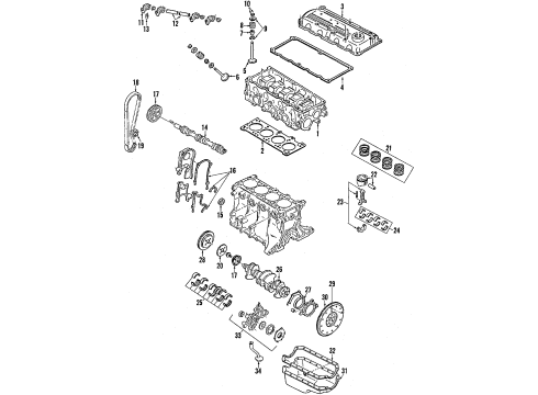 1988 Mercury Tracer Engine Parts, Mounts, Cylinder Head & Valves, Camshaft & Timing, Oil Pan, Oil Pump, Crankshaft & Bearings, Pistons, Rings & Bearings Diagram