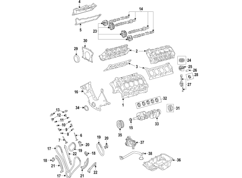 2023 Ford Mustang Engine Parts, Mounts, Cylinder Head & Valves, Camshaft & Timing, Variable Valve Timing, Oil Cooler, Oil Pan, Oil Pump, Adapter Housing, Balance Shafts, Crankshaft & Bearings, Pistons, Rings & Bearings Diagram