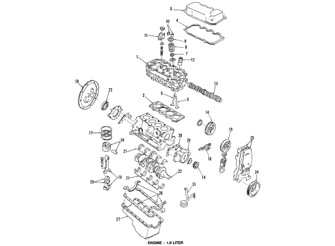 1991 Mercury Tracer Engine Parts, Mounts, Cylinder Head & Valves, Camshaft & Timing, Oil Pan, Oil Pump, Crankshaft & Bearings, Pistons, Rings & Bearings Diagram