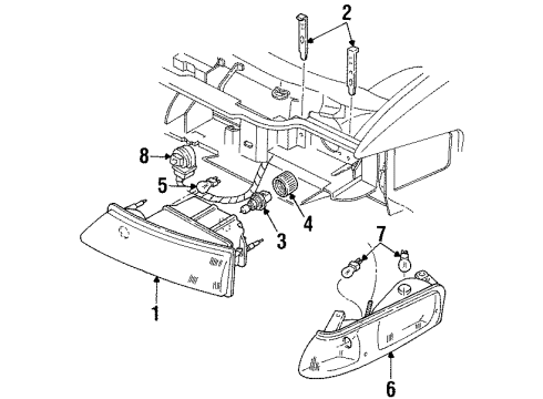 1997 Lincoln Continental Headlamp Components, Corner & Side Marker Lamps Diagram