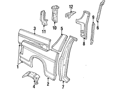 1989 Ford Bronco Quarter Panel & Components, Inner Structure & Rails Diagram