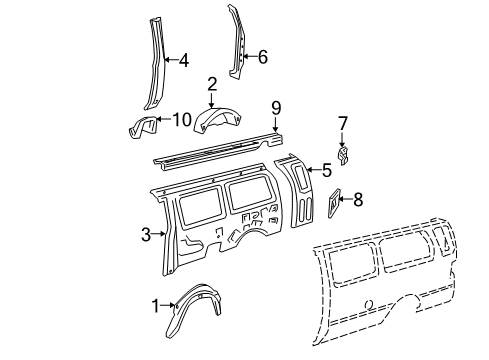 2000 Ford E-250 Econoline Reinforcement - Rear Quarter Panel Diagram for F2UZ-1527947-A